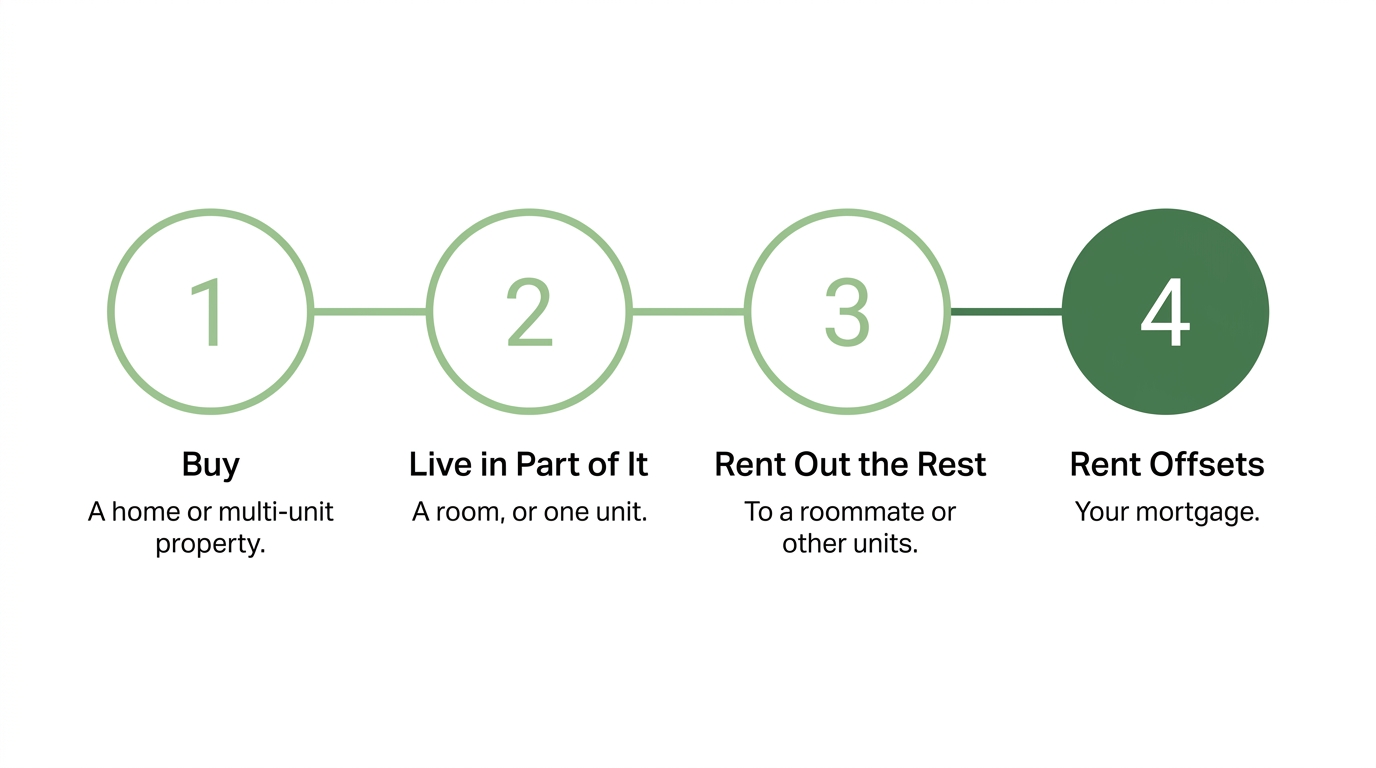 The house hacking mechanism: buy a home or multi-unit property, live in part of it, rent out the rest, and the rent offsets your mortgage