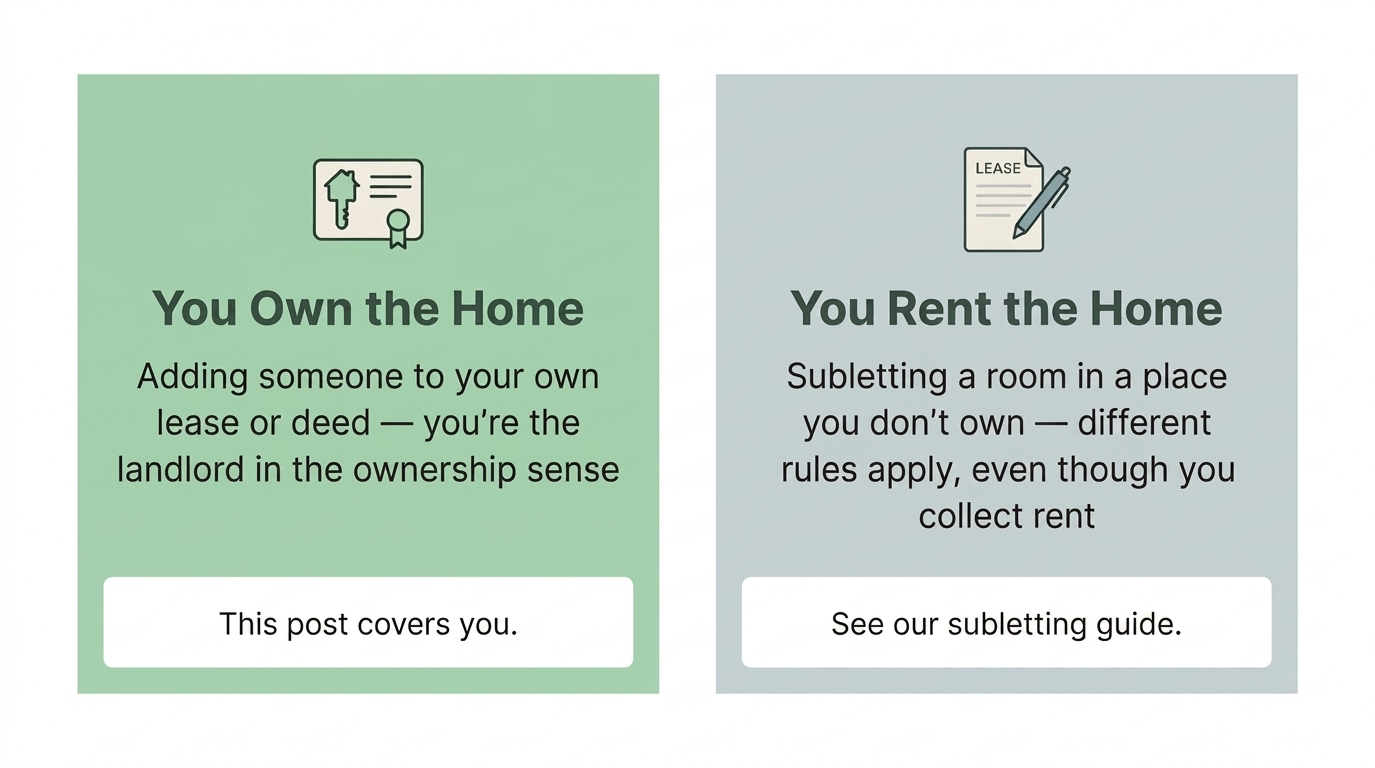 Two different arrangements for renting out a room: owning the home and adding someone to your own lease or deed, versus renting the home yourself and subletting a room in it