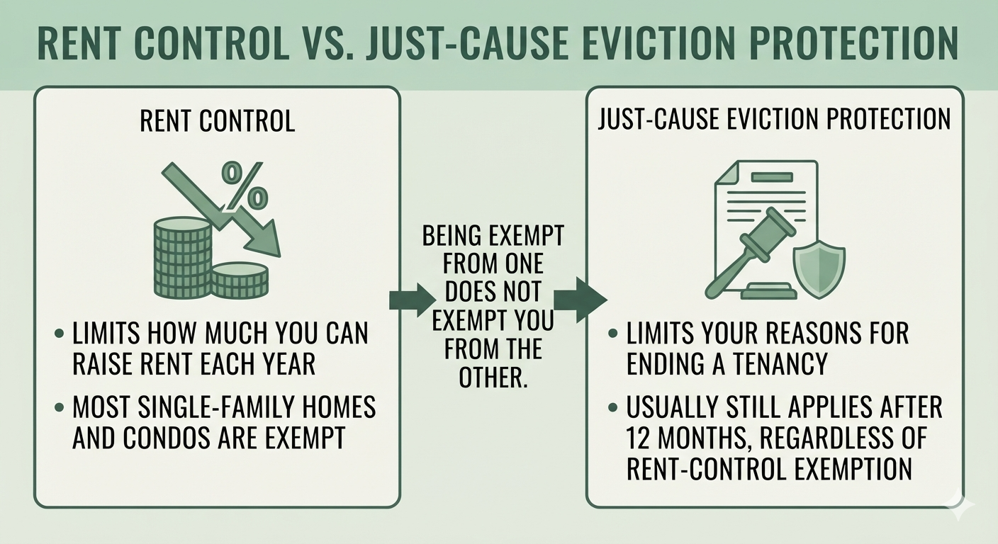 Rent control and just-cause eviction protection are separate legal questions: rent control limits how much you can raise rent and most single-family homes and condos are exempt, while just-cause eviction protection limits your reasons for ending a tenancy and usually still applies after 12 months regardless
