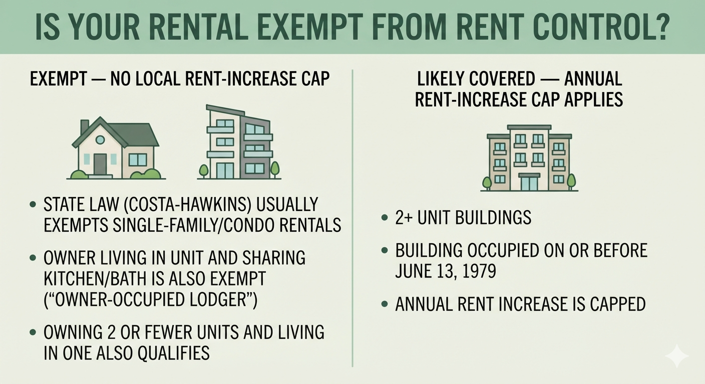 Decision flow for whether a San Francisco rental is exempt from rent control: single-family homes and condos are generally exempt, while 2+ unit buildings built before 1979 are typically covered