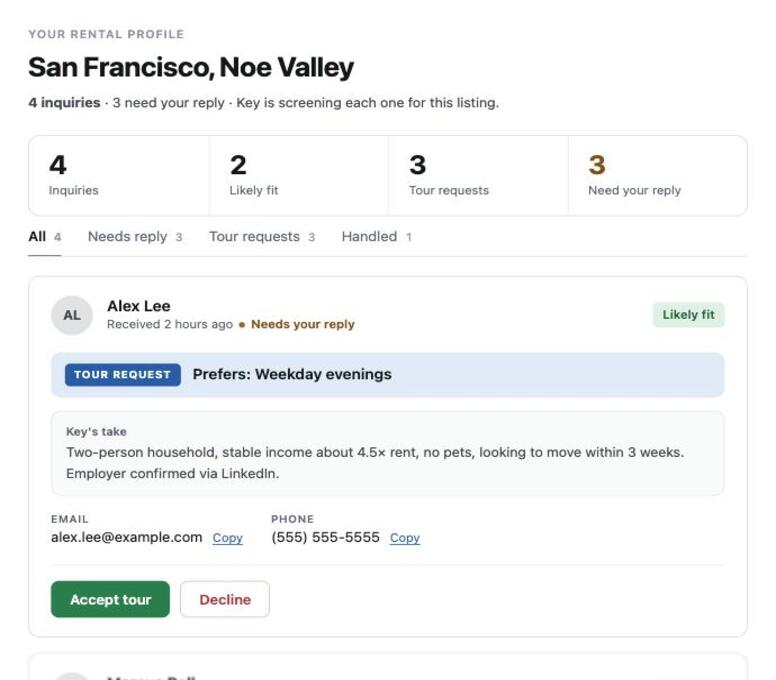 The Nest & Key landlord dashboard, showing tenant inquiries with AI fit scores and a screening status panel